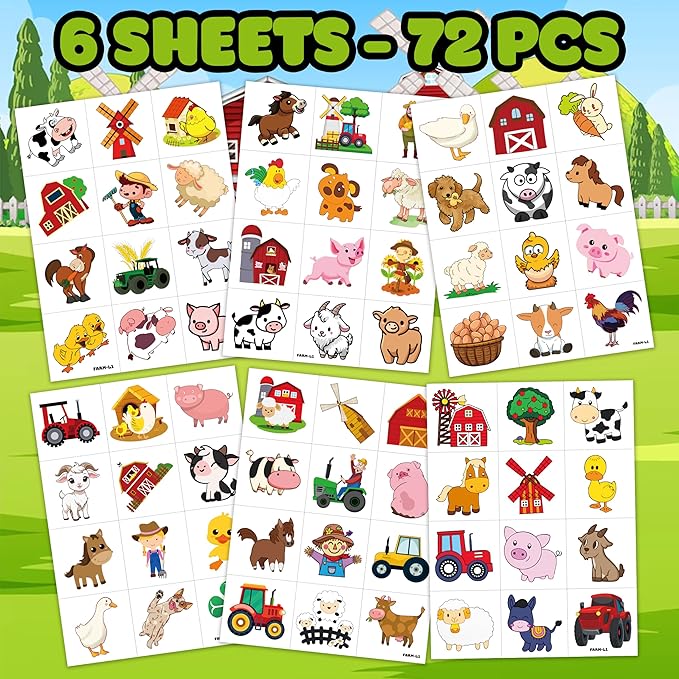 72 PCS Farm Barnyard Animal Pre-Cut Temporary Tattoos Sticker Birthday Decorations Party Supplies Favors Gift Boy Girl Farmhouse Cow Chicken Tattoo School Reward Themed (Normal)