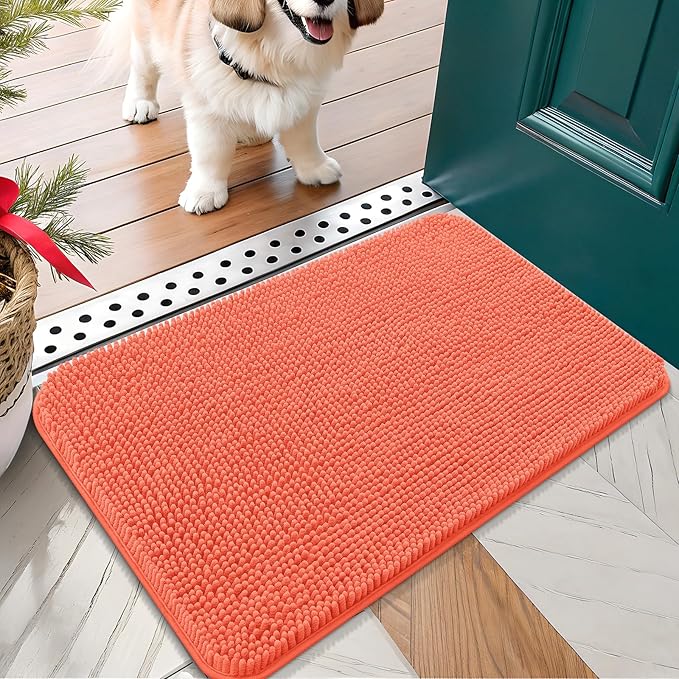 OLANLY Dog Door Mat for Muddy Paws 24x16, Absorbs Moisture and Dirt, Absorbent Non-Slip Washable Doormat, Quick Dry Chenille Mud Mat for Dogs, Entry Indoor Entryway Carpet for Inside Floor, Coral