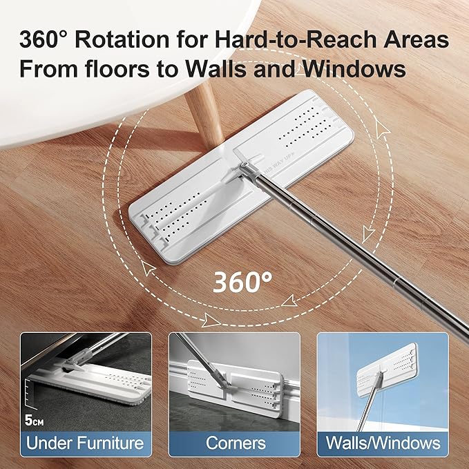 JOYMOOP Mop and Bucket with Wringer Set, Flat Squeeze Mop with Bucket (X-Large), Dust Mop for Wall Cleaner with Long Handle, Microfiber Mop - White Bucket with 3 Reusable 15" Pads