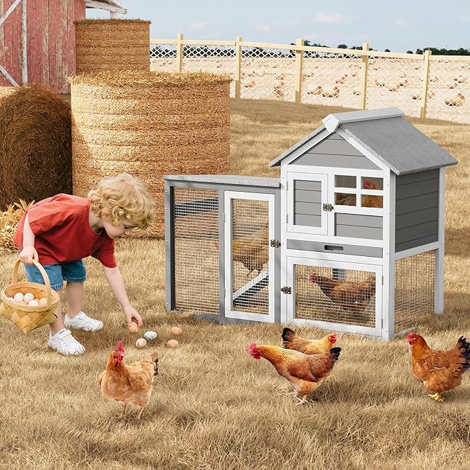 2-Tier Rabbit & Chicken House,Wooden Chicken Coop & Bunny Cage with Non-Slip Ramp, 4 Doors,Waterproof Roof & Pull-Out Tray,Outdoor/Indoor Pet Cage