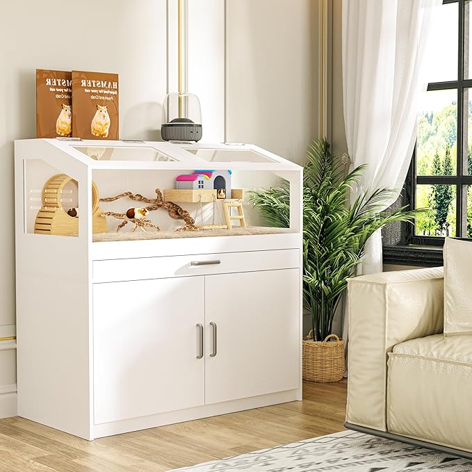 Hamster Cage with Storage Cabinet, Guinea Pig Cage for Small Animals, Large Hamster Cage and Habitat with Easy View Acrylic Panels for Hamster, Rabbit, Guinea Pig, Hedgehog (39"x19"x40")