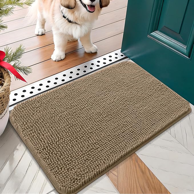 OLANLY Dog Door Mat for Muddy Paws 24x16, Absorbs Moisture and Dirt, Absorbent Non-Slip Washable Doormat, Quick Dry Chenille Mud Mat for Dogs, Entry Indoor Entryway Carpet for Inside Floor, Tan