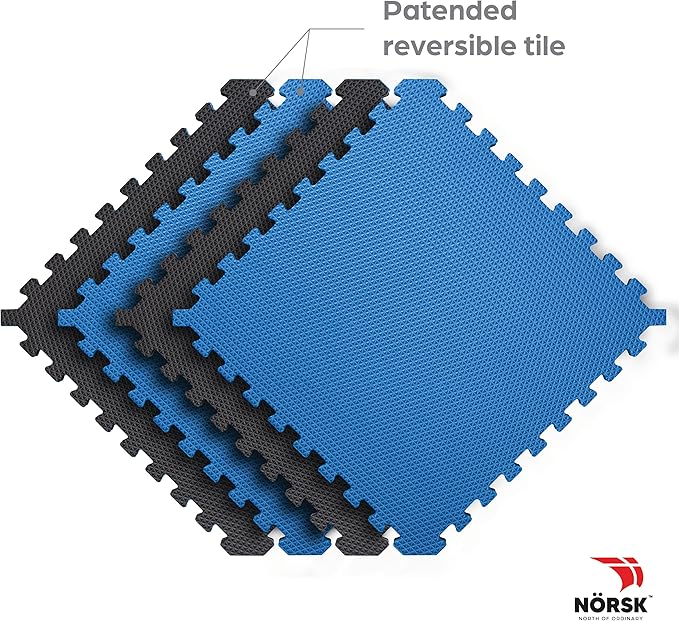 Norsk Reversible Exercise Mats 3/4" Thick EVA Interlocking Foam Tiles - Perfect for Home Gym Flooring, 28 Tiles & 56 Trim Pieces, 112 Sq. Ft. Reversible, Dazzling Blue/Black