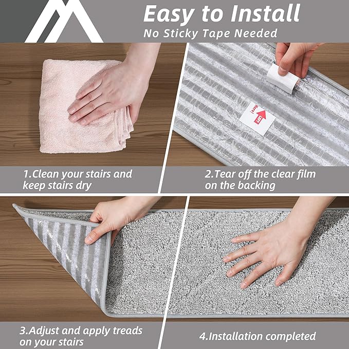 COSY HOMEER Edging Stair Treads Non-Slip Carpet Mat 28inX9in Indoor Stair Runners for Wooden Steps, Edging Stair Rugs for Kids and Dogs, 100% Polyester TPE Backing (4pc, Grey)