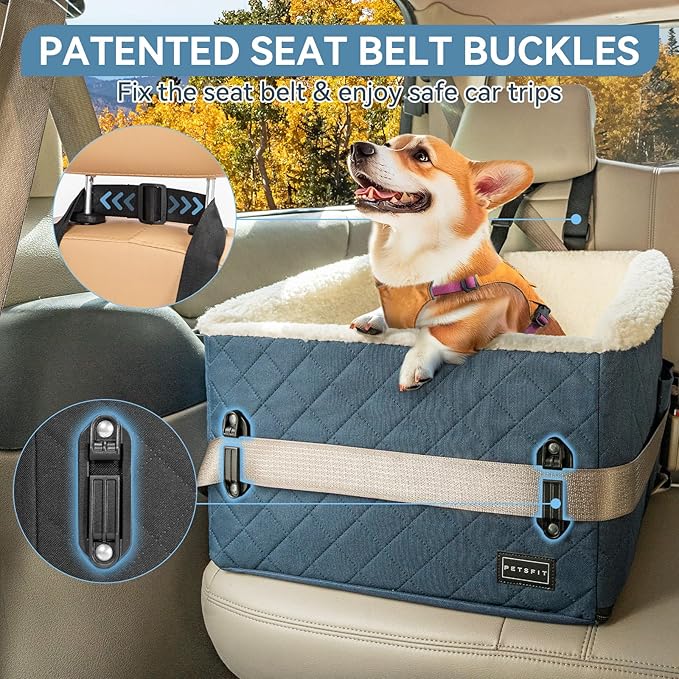 PETSFIT Pet Car Seat for Small Dogs, Soft Foam Dog Booster Car Seat with Patented Safety Buckles, Storage Pockets and Detachable Clip-On Safety Leash, Dog Carseat for Small Dogs Under 30 LBS (Blue)