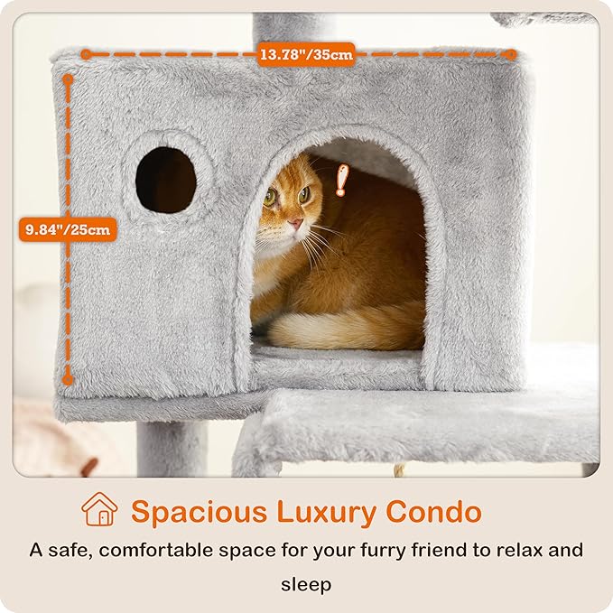 Ouritsu Cat Tree, 56 inch Tall Cat Tower for Large Cat Indoor, Large Condo, 2 Padded Perches, Steel-Framed Hammock, Scratching Post and ramp, Fluffy Basket, Light Gray, LF001GA