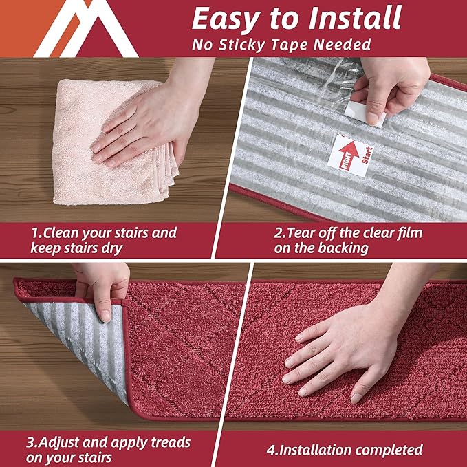 COSY HOMEER Edging Stair Treads Non-Slip Carpet Mat 28inX9in Indoor Stair Runners for Wooden Steps, Edging Stair Rugs for Kids and Dogs, 100% Polyester TPE Backing (4pc, Red)