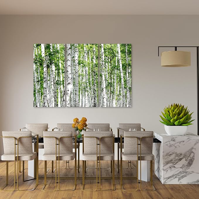 Nature Wall Art Prints - Ocean Forest Mountain Lake Canvas Landscapes - Small to Extra Large Living Room Bedroom Kitchen Bathroom Décor (Green Brich Trees, 35L" x 53W" - 3 Panels)