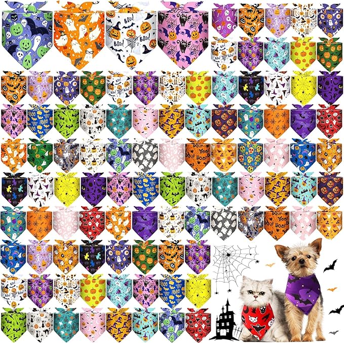 Amylove 120 Pcs Halloween Dog Bandanas Bulk Holiday Triangle Dog Pack Puppy Kerchief Bandana Adjustable Pet Scarf for Pet Cat Costume Accessories Decor(Skeleton)