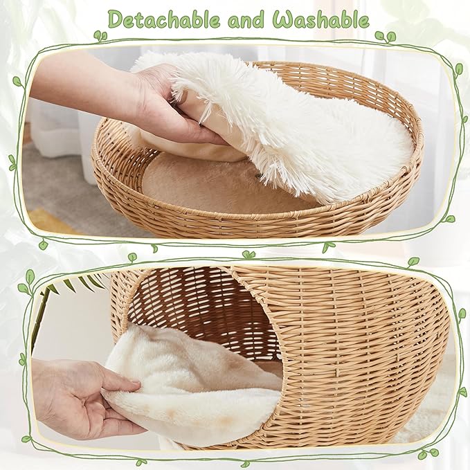 Yaheetech 54in Rattan Cat Tree, Modern Tower with Breathable Woven Condo, Scratching Posts & Washable Cushions, Naturally Cool in Summer, Cute Furniture for Indoor Cats