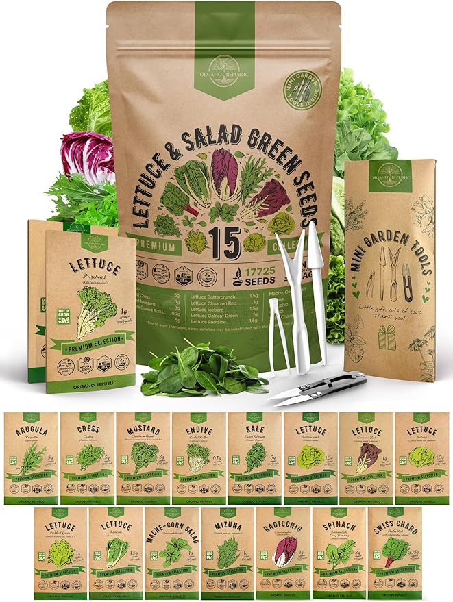 Organo Republic 15 Lettuce & Salad Greens Seeds Variety Pack 17700+ Non-GMO Heirloom Lettuce Seeds for Indoors & Outdoors Garden, Hydroponics, Aerogarden - Arugula, Kale, Spinach, Swiss Chard, Lettuce