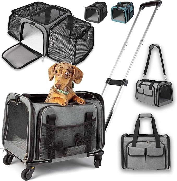 Pet Carrier with Wheels | United Delta American Frontier Airline Approved | Two Expandable Sides, Storage Pockets Adjustable Leash | Rolling Dog and Cat Carrier TSA Compliant (Grey)