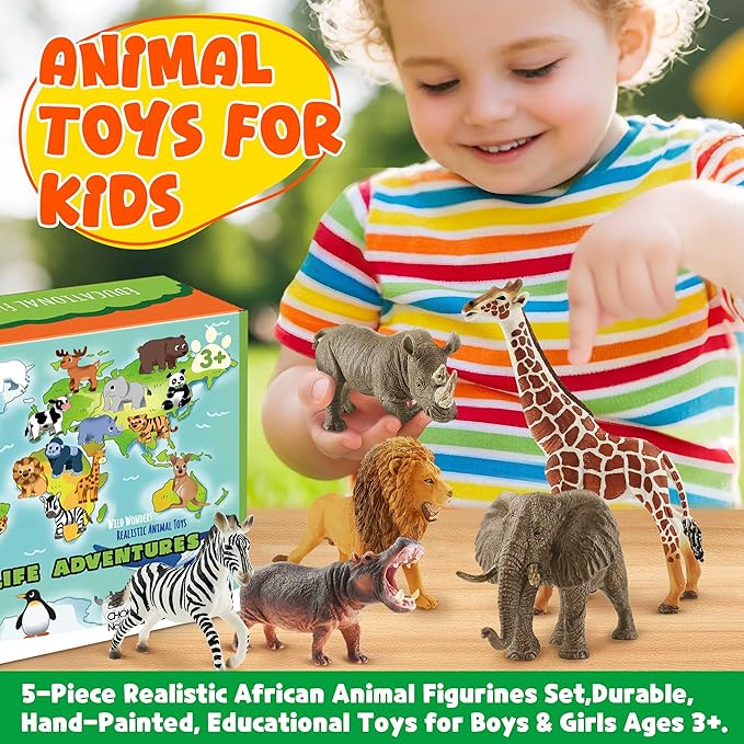 6PCS Safari Animal Figure Toys for Kids 3-5 Realistic Plastic Jungle Animal Figurines African Wildlife Learning Toys for Kids Boys Girls Toddlers