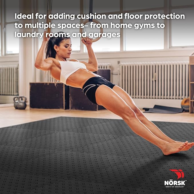 Norsk Foam Floor Gym Mats with Interlocking Tiles, .47" Thick, 24"x24", 54-Pack, 216 Square Feet, Diamond Plate Design, Black