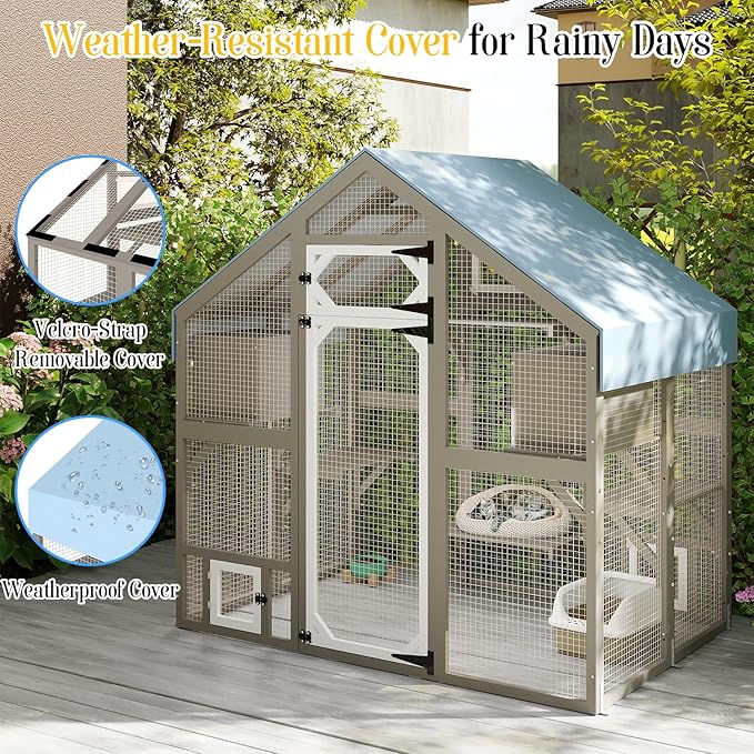Cat Catio Outdoor Enclosure for Multiple Cats, Large Wooden Walk-in Cat House with Window Connection, 2 Condos, Platforms, Doors, and Weatherproof Roof Cover (69.5" L x 47" W x 71" H)