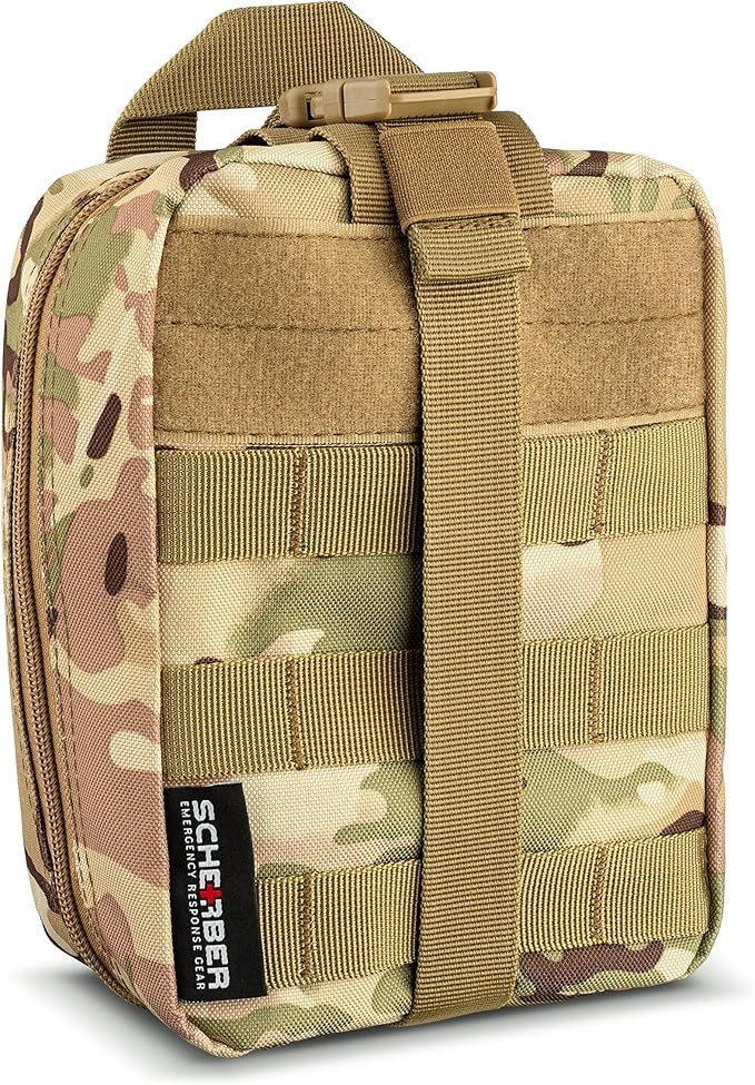 Scherber Premium IFAK Kit Trauma Pack Fully Stocked MOLLE Pouch w/CAT Tourniquet, HyFin Vent Chest Seal, & Israeli Bandage Trauma Kit for Emergency, Gunshot, Bleeding, & Major Wound Care (Camouflage)