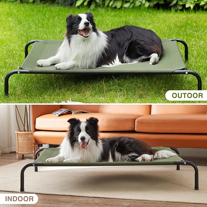 Love's cabin Elevated Cooling Dog Bed for Large Dogs, Portable Indoor & Outdoor Raised Pet Dog Cat Cot, Durable Summer Frame with Breathable Mesh, Olive Green, 48 inches