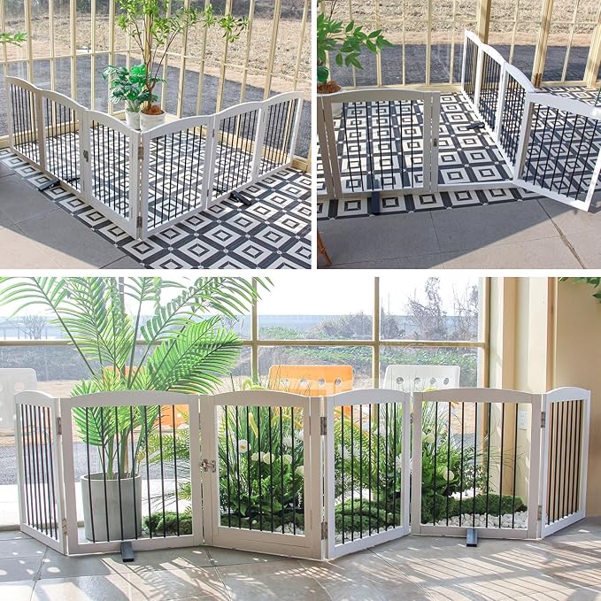 ZJSF Foldable Indoor Dog Door with Walk Through Door, Freestanding Pet Door for The House,Doorways, Stairs, Pet Puppy Safety Fence with Support Feet, White 6 Panels 120" Wide 32''Height