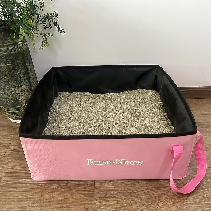 Pink Portable Cat Litter Box, Firm Waterproof Foldable for Travelling for Cats, Including Crinkle Ball, Poop Bags, Foldable Bowl and Scoop, 15.8x15.8x5.9 inches