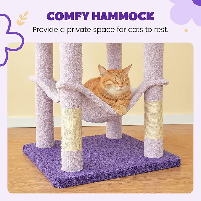 MWPO Flower Cat Tree for Indoor Cats, 63.8 Inches Multi-Level Cat Tower with Sisal-Covered Scratching Posts, Padded Platform, Hammock, Dangling Toys, Stable Cat Condo Pet Play House