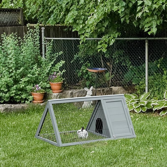 PawHut 46" x 24" Wooden A-Frame Outdoor Rabbit Hutch, Small Animal Cage, Bunny Hutch with Outside Run & Ventilating Wire, Gray
