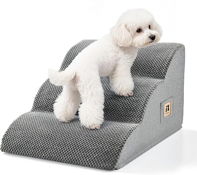 IFNOW Dog Stairs for Small Dogs and Cats 11.8" H, 3-Step Sturdy Dog Steps for Couch, Sofa or Chair, High-Density Foam Pet Stairs for Puppy, Older Cats, Non-Slip Curved Pet Ramp Indoor, Grey
