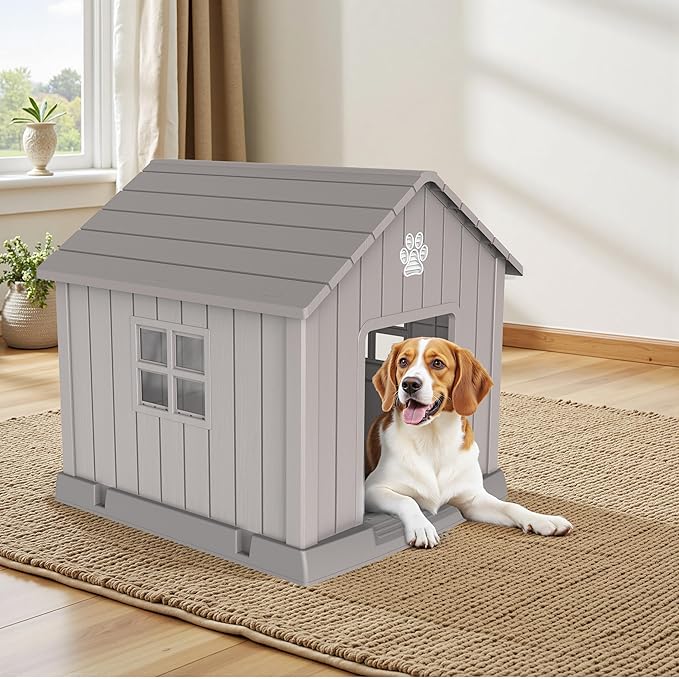 Vixzen 38in Large Outdoor Dog House,Durable Water Resistant Resin Dog House,Doghouse for Small to Large Dogs Indoor or Outside,with Air Vent and Elevated Floor,Gray