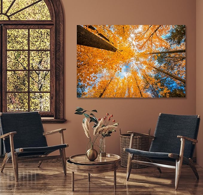 Nature Wall Art Prints - Ocean Forest Mountain Lake Canvas Landscapes - Small to Extra Large Living Room Bedroom Kitchen Bathroom Décor (Blue Sky Through Yellow Autumn Trees, 20L" x 30W")