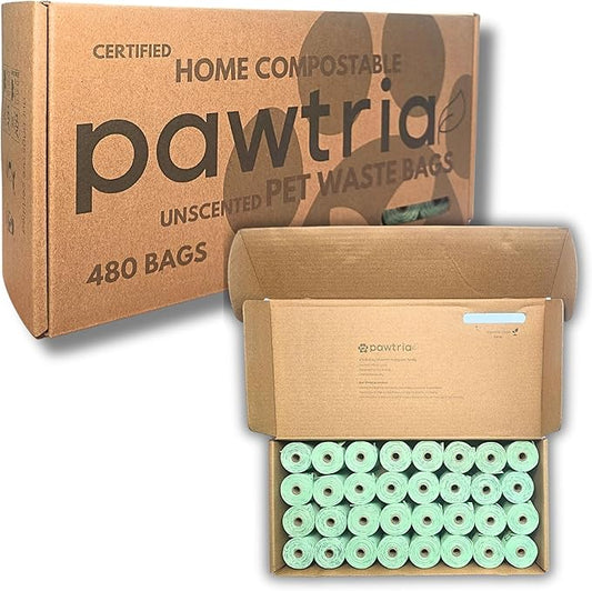 Pawtria Certified Home Compostable Dog Poop Bags (480), Value pack, Biodegradable Poop Bags, Cat Litter, Vegetable Starches, Eco-friendly Dog Waste Bags, Leak proof, Easy to Open, Give Back