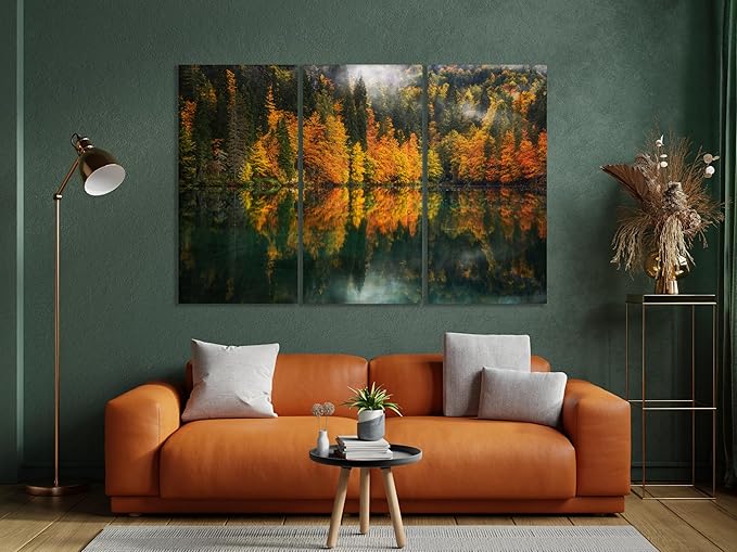 Nature Wall Art Prints - Ocean Forest Mountain Lake Canvas Landscapes - Small to Extra Large Living Room Bedroom Kitchen Bathroom Décor (Autumn by the Lake, 35L" x 53W" - 3 Panels)