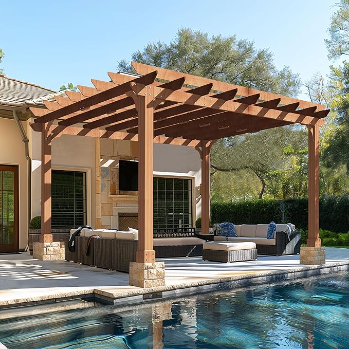 MUPATER 12x14 FT Wooden Pergola, Cedar Pergola Kit with Roof, Outdoor Garden Shelter for Backyard, Deck, Lawn, Pool, Natural