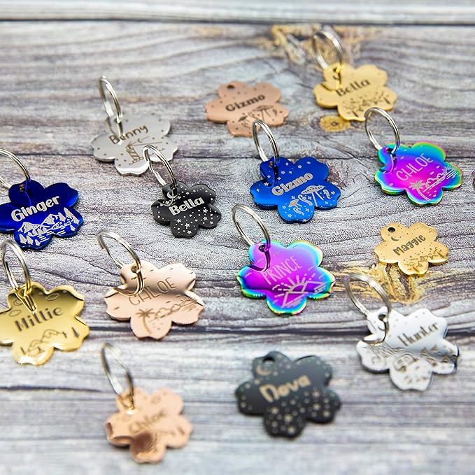 Personalized Dog Tag with 5 Lines of Custom Deep Engraved Durable Stainless Steel Pet ID Name Tag Designer Small Size Flower