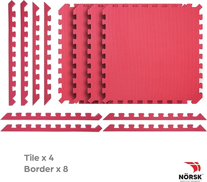 Norsk Reversible Gym Exercise Mats 3/4" Thick EVA Interlocking Foam Tiles, Perfect Home Gym Flooring, 24 Tiles & 48 Trim Pieces, 96 Sq. Ft. Reversible, Red/Black