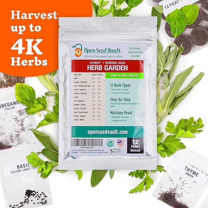 Open Seed Vault 4,000 Non GMO Heirloom Vegetable Seeds for Planting Vegetables and Fruits - 12 Variety Pack of Herb Seeds for Planting Outdoors - Gardening Supplies, Survival Gear, Prepper Kits
