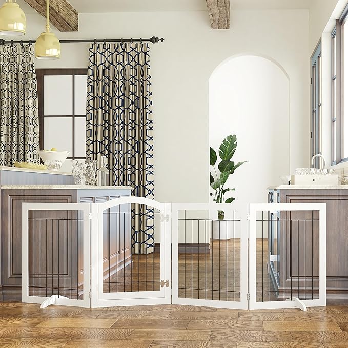 SPIRICH 96-inch Extra Wide 30-inches Tall Dog Gate with Door Walk Through, Freestanding Wire Pet Gate for The House, Doorway, Stairs, Pet Puppy Safety Fence, Support Feet Included (White)