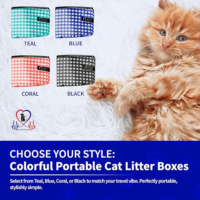 Pet Fit For Life - Vibrant Collapsible Travel Cat Litter Box - Portable, Foldable, Compact Design with Bonus Water Bowl - Ideal for Car & Camping - Reusable, Cats Safe - Blue, (16"x12"x5")
