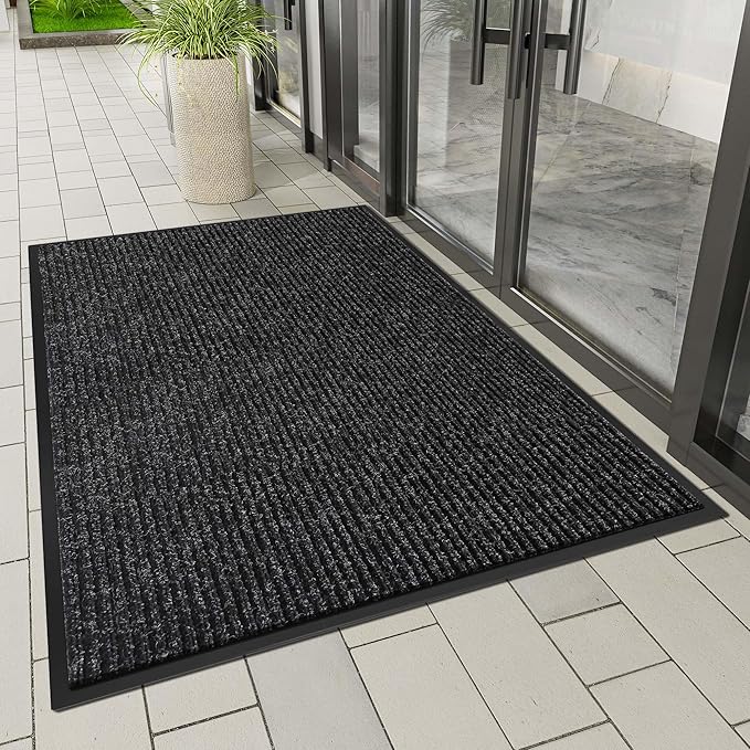 Indoor Outdoor Door Mat, 6' x 3' Doormat for Entryway, Rubber Backing Non Slip Front Door Mat Outside Entrance, Super Absorbent Commercial Floor Mat for Home Office, Black