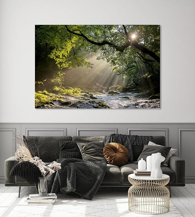 Nature Wall Art Prints - Ocean Forest Mountain Lake Canvas Landscapes - Small to Extra Large Living Room Bedroom Kitchen Bathroom Décor (Rocky River in the Woods, 35L" x 53W")