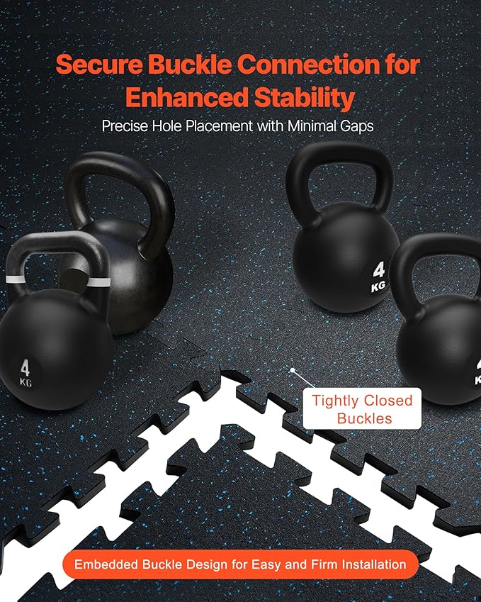 VEVOR 0.56 Inch Thick Gym Floor Tiles, 6 Tiles Rubber Top with EVA Foam, 25" x 25" Gym Flooring Workout Mats with 25 sq.ft Coverage, Interlocking Puzzle Gym Mats for Gym, Home, Garage, Black & Blue