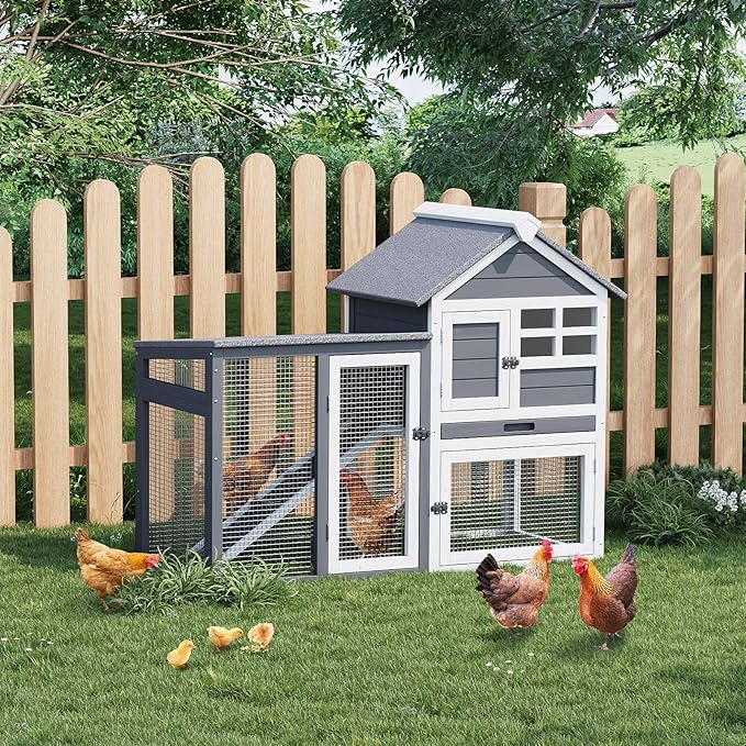 Rabbit Hutch 2-Tier, Small Wooden Chicken Coop for Outdoor Use - Weatherproof Small Animal Hutch with Non-Slip Ramp, 4 Access Doors & Removable Tray for Rabbits, Guinea Pigs, Ferrets (Indoor/Outdoor)