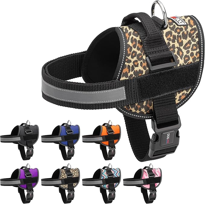 Dogline Dog Harness, Reflective No-Pull Adjustable Vest with Handle for Walking, Training, Breathable, No - Choke Harness for Small, Medium or Large Dogs Room for Patches Leopard Brown S 18"-24"