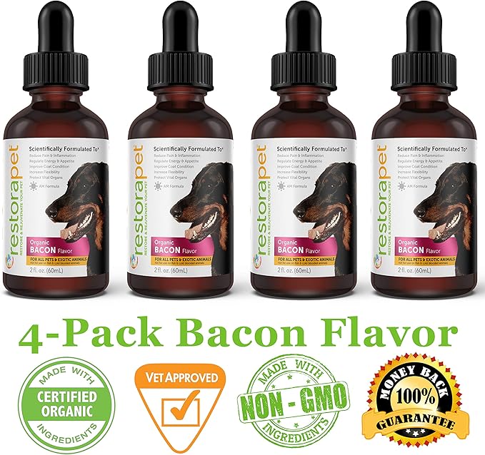 RestoraPet 4-Pack Dog & Cat Bacon Liquid Multivitamin | Dog Arthritis Pain Relief | Hip & Joint Vitamins for Dogs - Anti Inflammatory Supplement for Dogs & Cats | Organic & Non-GMO, Vet Approved