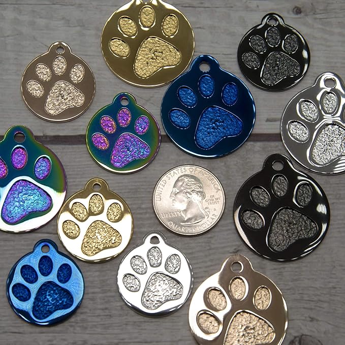 Engraved Pet Tag for Dogs and Cats - Personalized Front & Back up to 4 Lines of Text Custom Engraved ID, Round Paw Print Solid Plating Stainless Steel Black Small