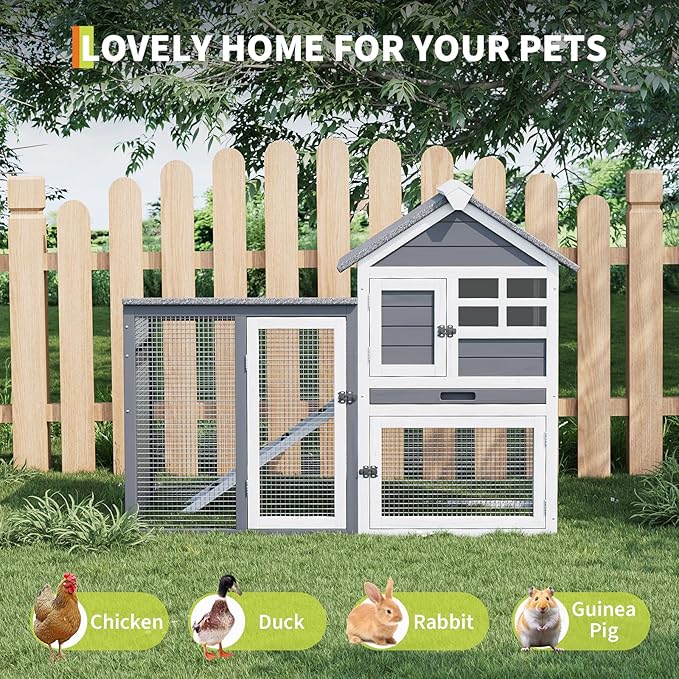 Rabbit Hutch 2-Tier, Small Wooden Chicken Coop for Outdoor Use - Weatherproof Small Animal Hutch with Non-Slip Ramp, 4 Access Doors & Removable Tray for Rabbits, Guinea Pigs, Ferrets (Indoor/Outdoor)