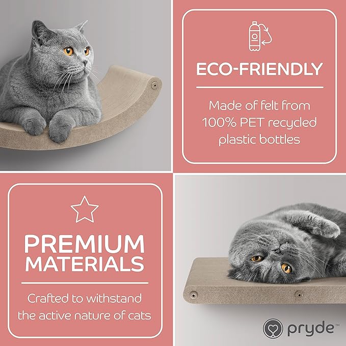 Wall Mounted Cat Steps Short Shelves (2) by Pryde Pets - Stairs for Walkways, 100% Sustainable PET Felt Feline Enrichment Climber Furniture for Indoor Cats, Modern Climbing Gym Design (Oatmeal)