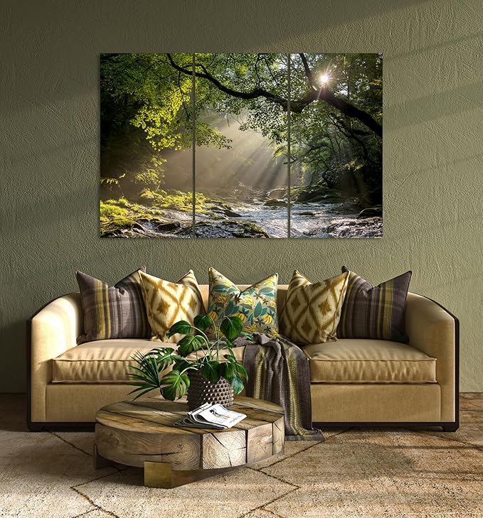 Nature Wall Art Prints - Ocean Forest Mountain Lake Canvas Landscapes - Small to Extra Large Living Room Bedroom Kitchen Bathroom Décor (Rocky River in the Woods, 47L" x 71W" - 3 panels)