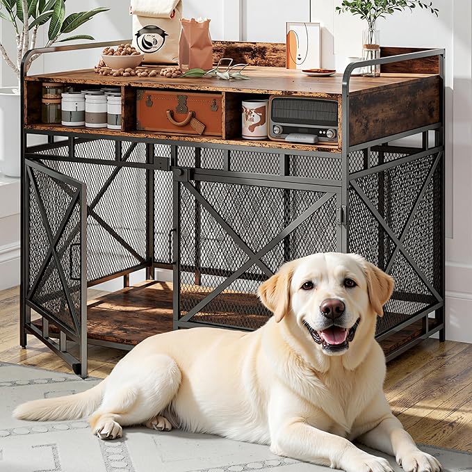 Dog Crate Furniture, 43" Heavy Duty Wooden Dog Crate End Table, XL Dog Kennel Furniture Large Breed, Decorative Dog Kenne Indoor with 3 Drawers & Steel Tubes 43" L x28 W x36 H (Rustic Brown)