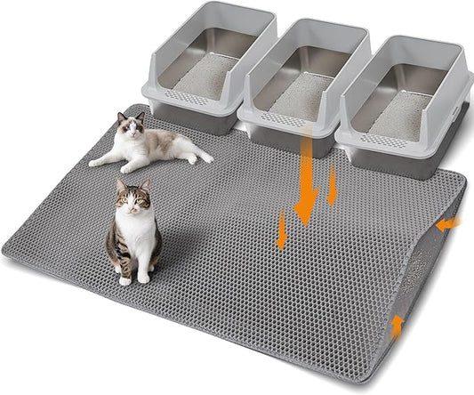Large Cat Litter Mat for Litter Box, 47"×33" Double Layer Trapping Mat, Non-Slip Water Proof Kitty Litter Pad, Grey