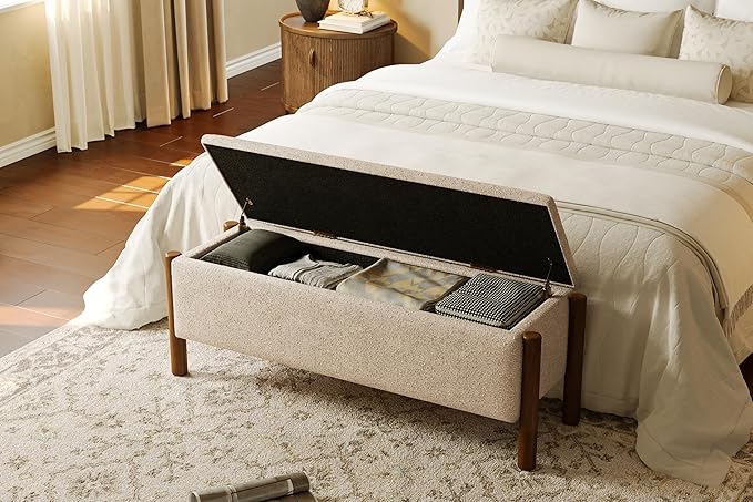 Modern Storage Benches with Walnut Wood Legs, 47'' Ottoman Bench with 20 Gallons Storage Space for Bedroom End of Bed, Fabric Upholstered Entryway Bench with Seating for Livingroom, Beige