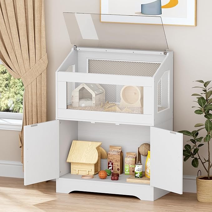 PAKASEPT Hamster Cage, Small Animal Cages with Storage Cabinet, Visual and Ventilated Large Habitats Hamster House for Rat, Guinea Pig, Hedgehog, Gerbil, White